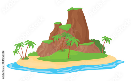 Uninhabited tropical island with palm trees and rocky cliffs surrounded by blue ocean on a clean white background