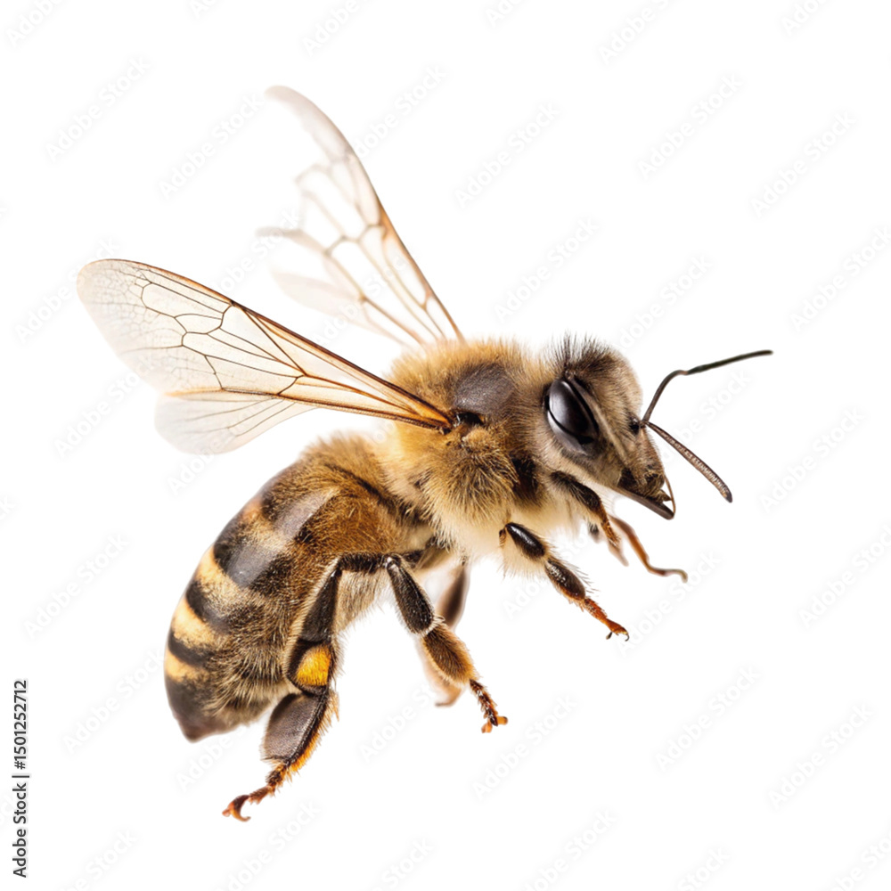 Isolated macro close-up of a bumblebee or honey bee with yellow and black markings, wings spread, on a white background Isolated macro close-up of a bumblebee or honey bee with yellow and black markings, wings spread, on a white background