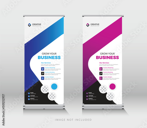 Stylish roll up banner design promoting business services with blue and purple color schemes