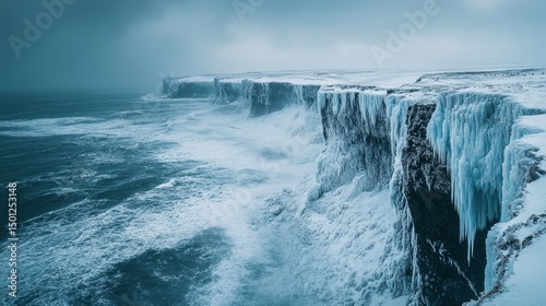 Dramatic icy cliffs meeting a frozen ocean under a stormy winter sky, Generative AI