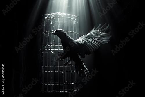 A Hauntingly Beautiful High Contrast Photograph of a Bird Escaping an Open Cage, Symbolizing Freedom, Hope, and Overcoming Obstacles in Life's Journey photo