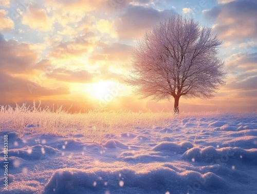 Peaceful snowy meadow with a single tree standing under a twilight sky, Generative AI