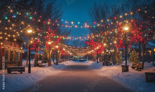 Vibrant holiday decorations lighting up a snowy city square, Generative AI