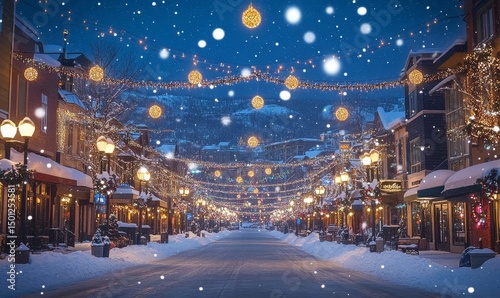 Vibrant holiday decorations lighting up a snowy city square, Generative AI