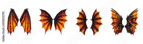 Set of dragon wings  isolated on transparent or white background, antasy fire-themed demon wings collection for costume or game design 
