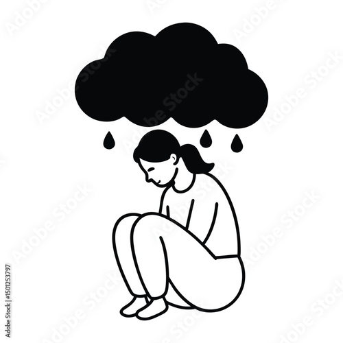 dark moody clouds, sad depressed person sitting on floor, droplet of rain falling, minimalist black and white vector illustration.
