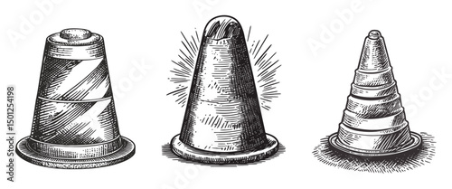 Vintage Style Illustration of Three Different Conical Objects in Line