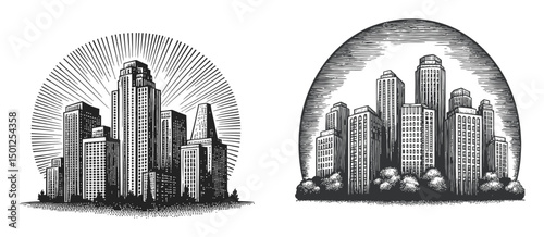 Black and White Vintage City Skyline Illustration with Detailed Structures