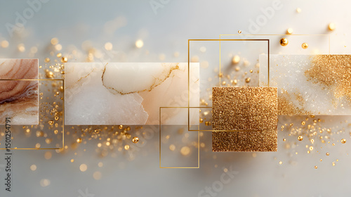 Elegant abstract composition featuring marble textures and golden accents, creating a luxurious atmosphere with shimmering elements and geometric shapes. Selective focus