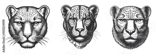 Detailed Black and White Vector Illustration of Leopard Head Designs