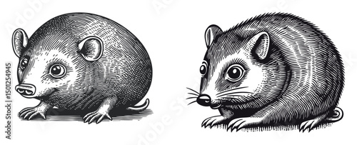 Detailed Vector Illustration of Cute Cartoon Animals in Black and White