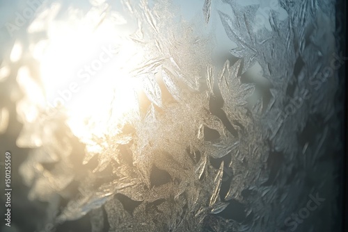 Intricate frost patterns spreading across a frosted glass window with soft morning light, Generative AI