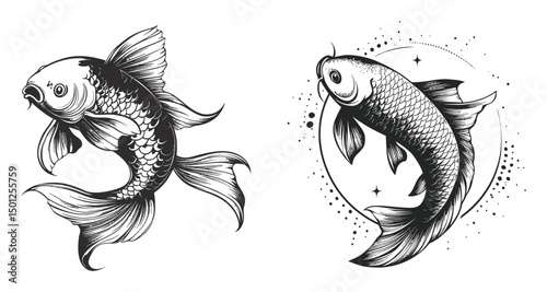 Elegant Black and White Koi Fish Illustrations for Artistic Designs
