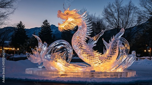 Elegant ice sculpture of a mythical dragon glowing under colorful festival lights, Generative AI