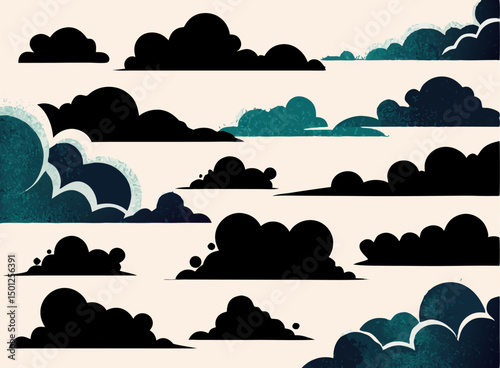 Cartoon Cloud Shapes: Black & Teal Cloud Cliparts