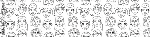 Vector outline seamless pattern with cartoon faces, heads of kids, boys and girls. Friendship, school theme. Hand drawn Childish fun cute texture backdrop