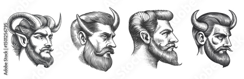 Detailed Vector Illustration of Horned Bearded Characters in Profile View