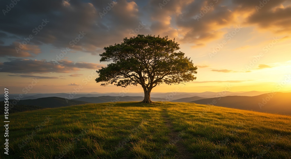 Obraz premium Tree on Hill at Sunset