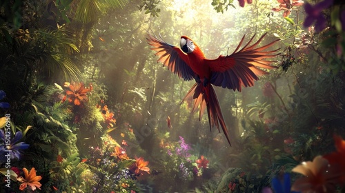 Scarlet Macaw in Lush Jungle Paradise Displaying Vibrant Plumage and Flight