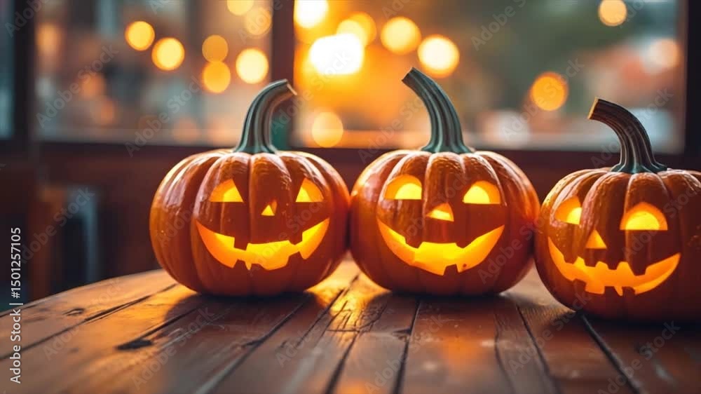 Three smiling halloween pumpkins on table, sunset bokeh. Three smiling halloween pumpkins on table, sunset bokeh.