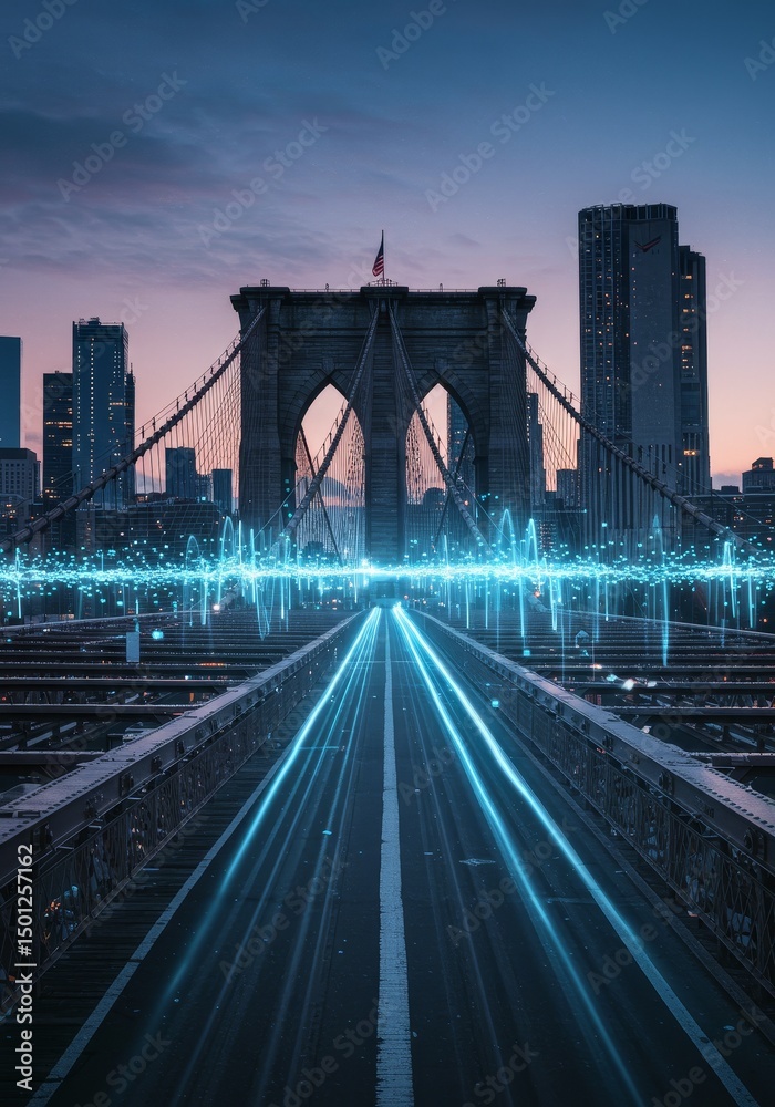 Fototapeta premium Nighttime Photo of Brooklyn Bridge in New York with Blue Lights and Sky