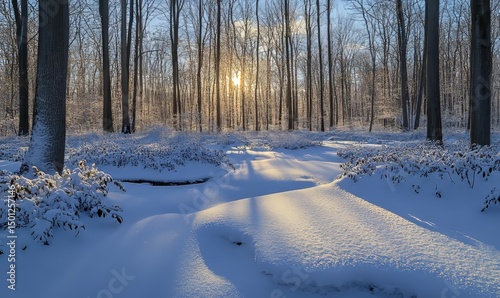 Serene winter morning with soft golden light illuminating a snowy forest, Generative AI