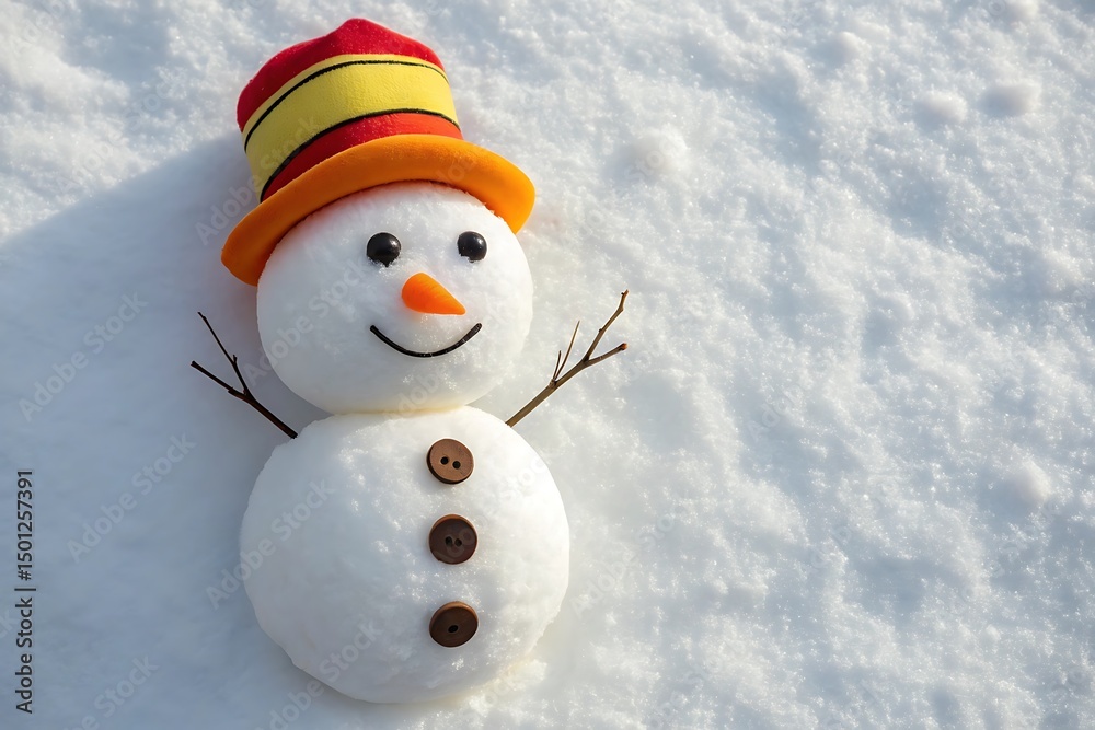 Fototapeta premium Adorable snowman in colorful hat on snowy ground