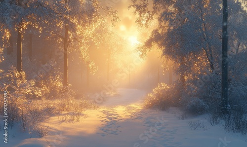 Serene winter morning with soft golden light illuminating a snowy forest, Generative AI