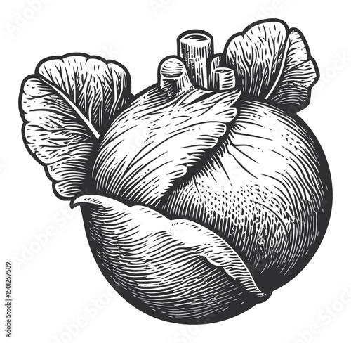 Detailed Vector Illustration of a Cabbage with Leaves in Engraving Style