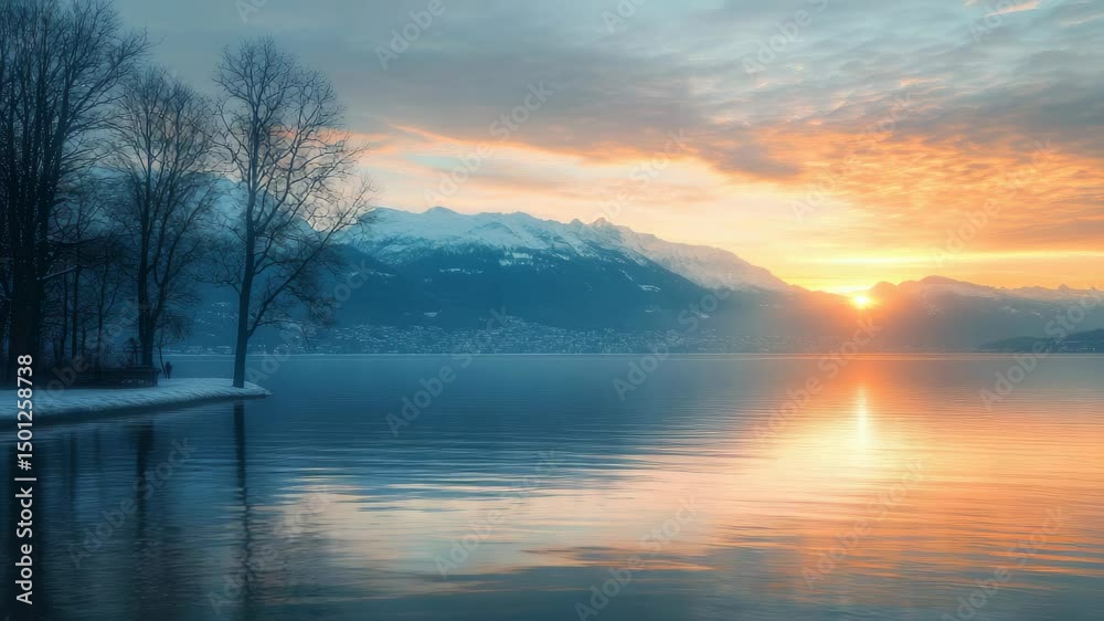 custom made wallpaper toronto digitalTranquil Lake at Sunset - Misty Water Reflection with Silhouetted Trees for Nature Documentaries, Meditation Videos, and Relaxation Content