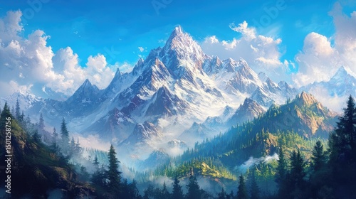 Majestic snow-capped mountain range against a backdrop of azure skies and fluffy clouds