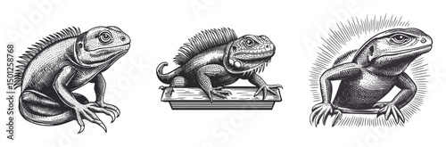 Detailed Vector Art Illustration of Iguanas in Three Distinct Styles