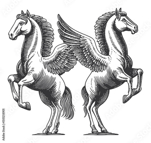 Two Winged Horses in Detailed Vintage Style Vector Art Illustration