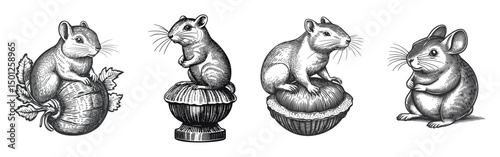 Vintage Style Vector Illustration of Four Cute Rodents in Detailed Art