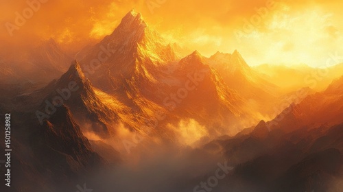 Golden Peaks: A Majestic Mountain Range Shrouded in Mysterious Haze