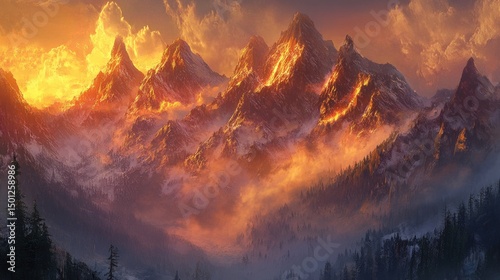 Panoramic mountain range with golden light, vibrant sunset and fog scene