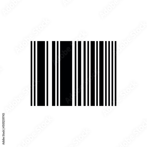 Black barcode comprised of vertical black lines stands over a white background