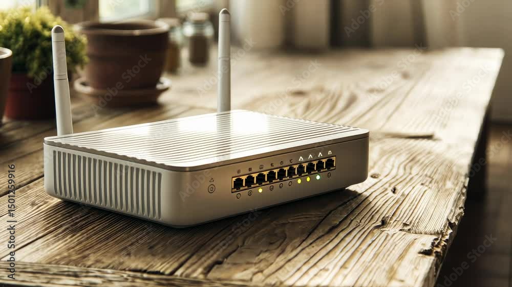 Router atop weathered wooden table, plants behind