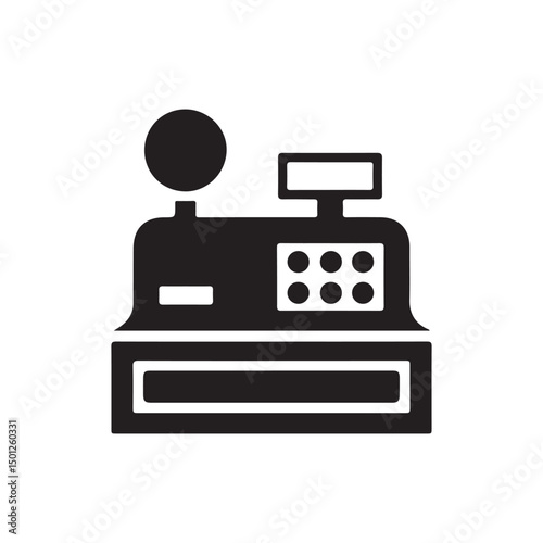 Black vintage cash register machine stands isolated against a stark white backdrop. Vector illustration