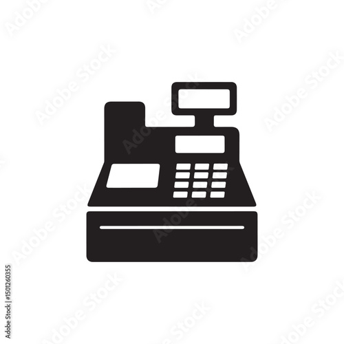 Bold black cash register icon represents commerce with digital display on a white background. Vector illustration