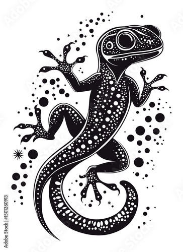 Black and White Vector Illustration of a Stylized Gecko with Dots