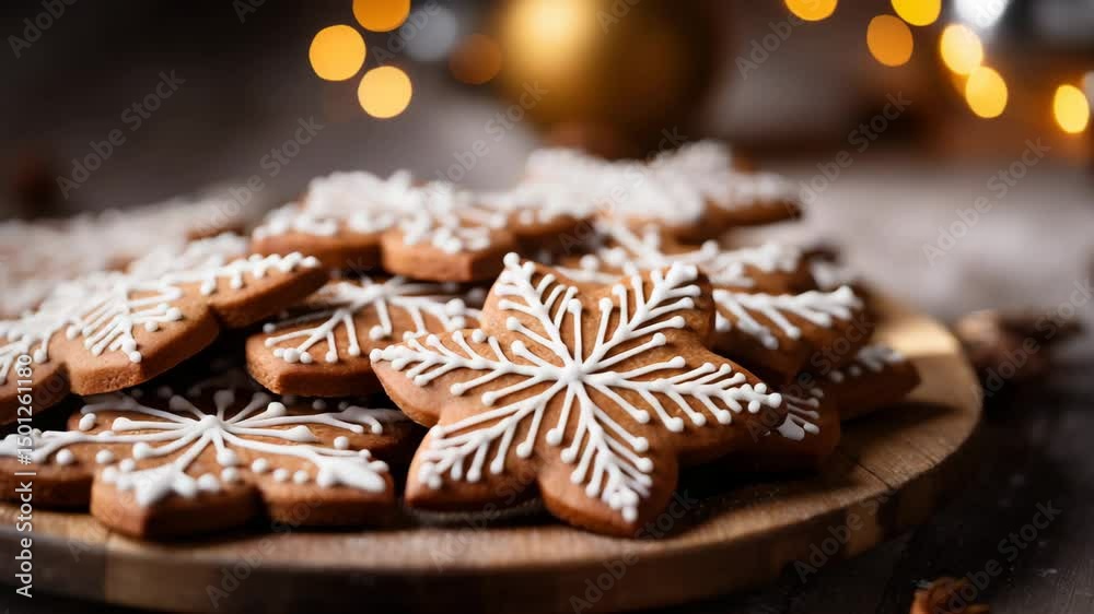 Homemade gingerbread cookies decorated with white icing in snowflake shapes served on wooden plate with festive background.