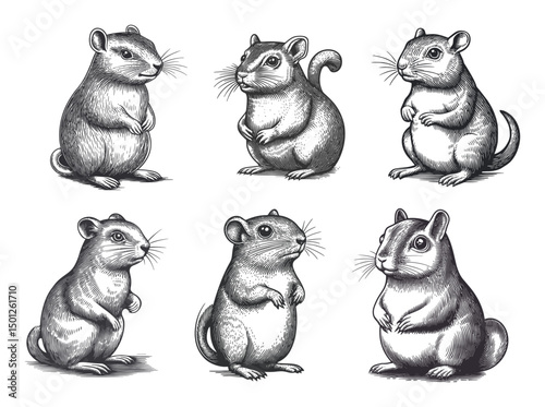 Hand-Drawn Vector Art of Six Different Gerbil Illustrations