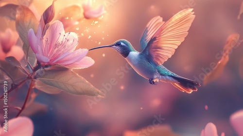 Hummingbird hovering towards a vibrant pink flower with a magical glow