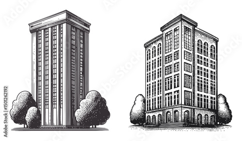 Detailed Vector Illustration of Two Distinct Commercial Buildings