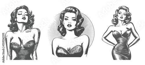 Vintage Style Illustrations of Glamorous Women in Elegant Dresses