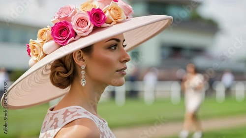 Elegant Woman in Floral Hat at Derby Day – Sophisticated Fashion with Pink Rose Decoration for Luxury Events, Racing Season, and High Society Gatherings