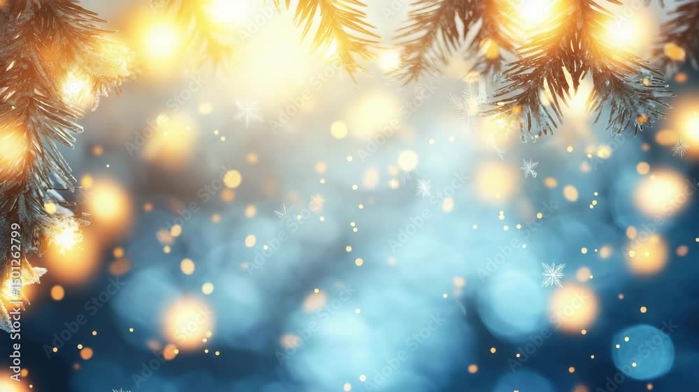 Festive Christmas scene with glowing lights, falling snowflakes and fir tree branches on a soft blue background.