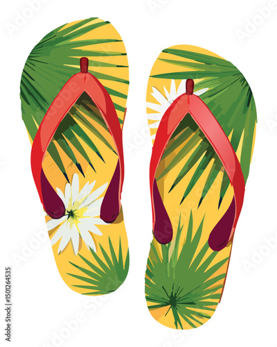 sunny yellow green palm leaf flip flops