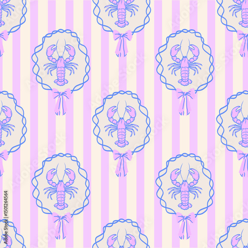 Seamless pattern summer vibes Italy. Hand draw vintage lobster in ribbon frame with bow. Vacation vector illustrations in ink line doodle sketch image.